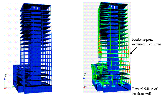 Figure 25 Collapse process of the 20-story frame-core tube building (Ground motion: Kocaeli, Turkey, PGA=4000 gal): (a) t=0.0s; (b) t=14.5s; (c) t=15.5s; (d) t=16.3s