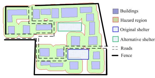 Fig. 7 Hazard regions of falling objects and site location of emergency shelter