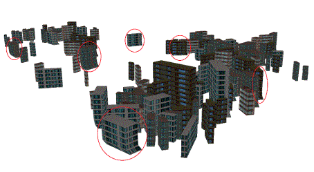 (b) Amplified deformation of the buildings (marked with circles)