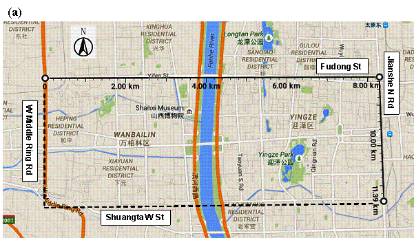 Fig. 5 Case study region, downtown Taiyuan City, China: a The region (Source: Google maps), b 3D sketch