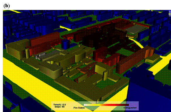 Fig. 14 Fire spread effects using OSG: a t = 4 h, b t = 6 h, c t = 10 h