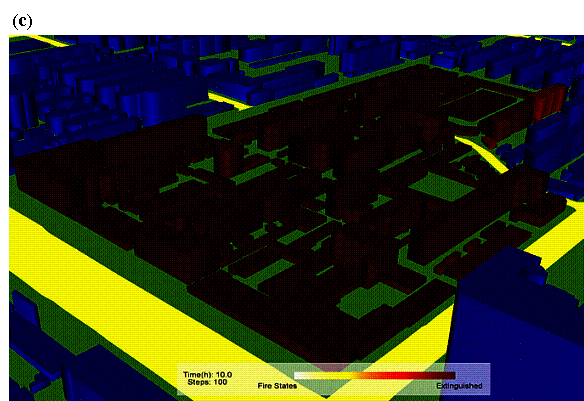 Fig. 14 Fire spread effects using OSG: a t = 4 h, b t = 6 h, c t = 10 h