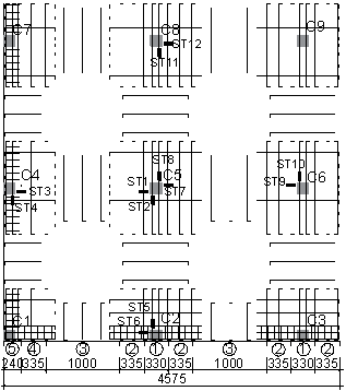 Reinforcement layout and dimensions of the slab and column: (a) slab top reinforcement; (b) torsional strip details; (c) slab bottom reinforcement; (d) column dimensions and reinforcement details. (Unit: mm)