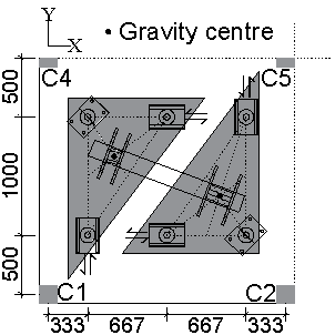 Loading tree: (a) positioned loading tree on the slab; (b) layout of loading points. (Unit: mm)